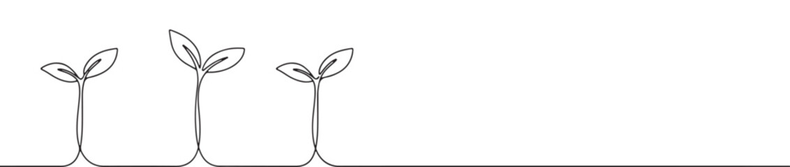 Fototapeta premium A continuous line art depiction of three delicate plant sprouts emerging from the ground, symbolizing growth, renewal, and new beginnings, isolated on a white background.
