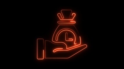 Glowing orange neon hand holding money bag with clock inside symbolizing time is money financial concept business - Powered by Adobe