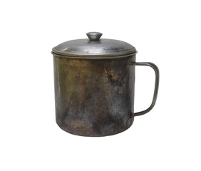 Old distressed metal camping mug with lid isolated on transparent