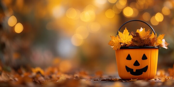 A bright orange Halloween bucket with a smiling jack-o'-lantern face sits among autumn leaves. Soft bokeh lights create a festive atmosphere. - Powered by Adobe