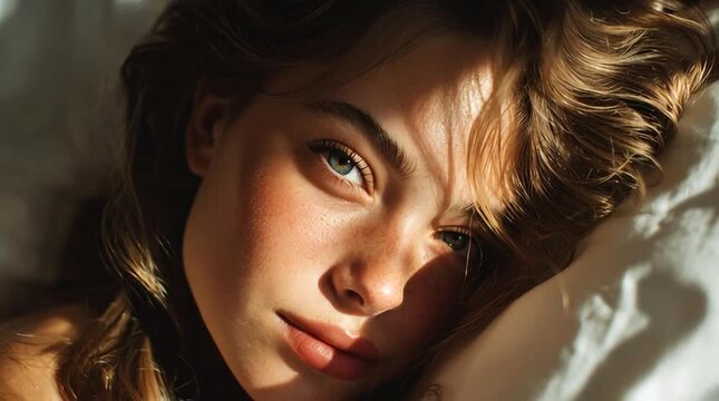 beautiful supermodel girl laying in the morning in bed
