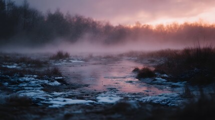 Misty marsh landscape at twilight illuminated by soft winter light and rising fog