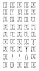 Collection of line art icons of various kitchen utensils hanging on hooks.