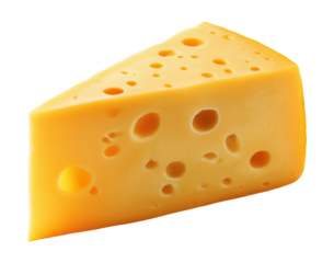 Yellow cheese wedge with characteristic holes, isolated on transparent background
