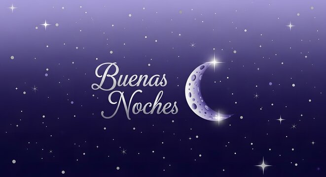 Buenas Noches image with moon and stars on a purple background.