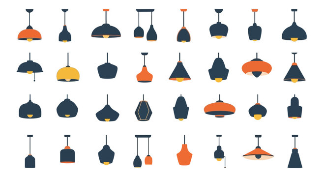 Collection of diverse hanging ceiling light fixtures in various shapes and colors.