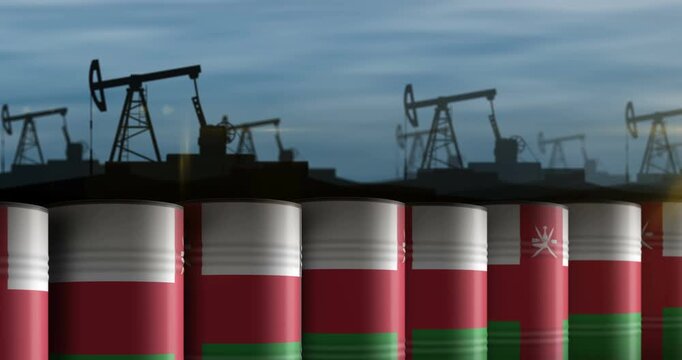 Oman oil business and fuel extraction barrels in row seamless and loopable concept. Omani petrol industrial drum containers.