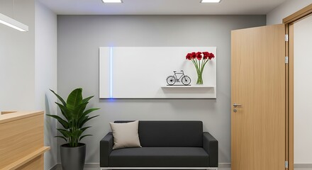 Modern office waiting area with a dark sofa, plant, and decorative wall art reception lobby