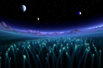 Alien planet with glowing grass under a starry sky with multiple moons landscape
