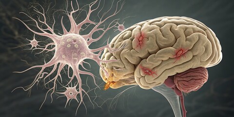 3D illustration of human brain with neuron and lesions nerve cell synapse