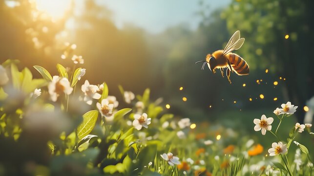 Bee flying over a field of Photo white flowers at sunrise