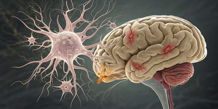 3D illustration of human brain with neuron and lesions nerve cell synapse
