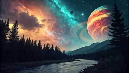 Cosmic nebula and ringed planet above a dark forest and river landscape space cosmos
