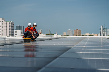 Solar engineer teamwork under bright sky conduct maintenance on rooftop panel field to boost clean energy output with calm focus and safety gear visible across city skyline