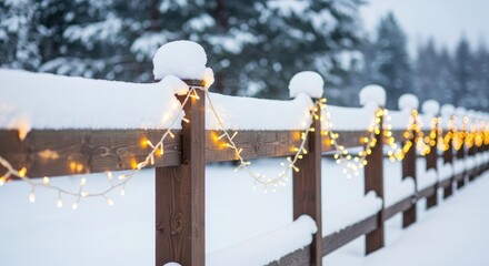 Naklejka premium Snow covered fence decorated with christmas lights in winter forest