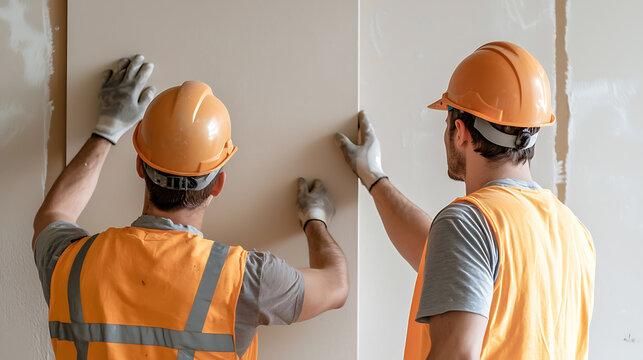Two construction workers wearing orange vests and hard hats install drywall with protective gloves. The focus is on safety and teamwork during the renovation project.