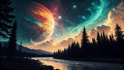 Cosmic nebula and planet over a dark forest and river at night galaxy universe