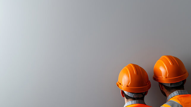 Two construction workers in safety vests and hard hats stand facing a light gray wall, symbolizing teamwork and safety in the construction industry. Room for text on the left. - Powered by Adobe
