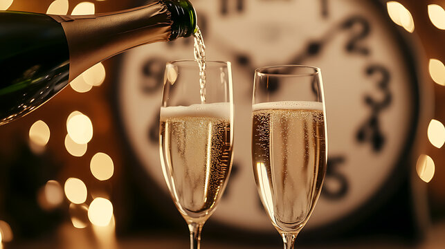 Celebrate special moments with sparkling cheers. Bubbling champagne fills elegant flutes, set against a bokeh-lit backdrop and a clock ticking towards celebration time.
