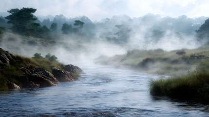 Obraz premium A tranquil river winds through a misty atmospheric natural landscape dotted with trees and rough rocks under a soft sky