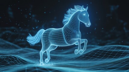 Futuristic glowing blue digital horse hologram on a dark abstract background