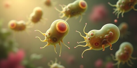 Microscopic view of colorful amoeba-like microorganisms with tendrils cell biology