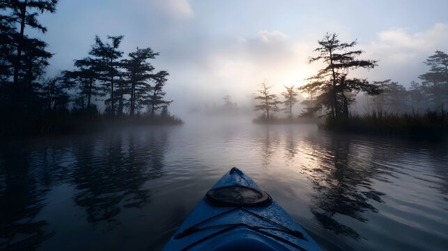 Kayaker explores a misty marsh at dawn with cypress trees reflected in calm water