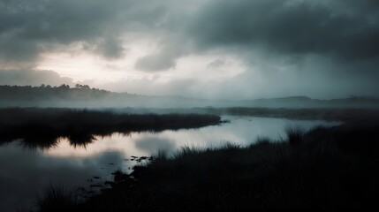 Fototapeta premium Serene marsh landscape with mist and reflections at twilight