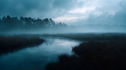 Obraz premium Moody misty marshland at twilight with atmospheric fog and calm water