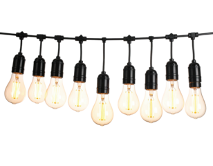 A string of illuminated incandescent light bulbs hanging in a row against a black backdrop