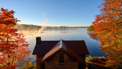 Rustic wooden cabin by a misty lake during autumn with vibrant orange and red foliage log cabin house