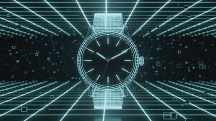 Futuristic digital watch displaying time on a neon grid background