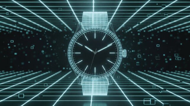 Futuristic digital watch displaying time on a neon grid background