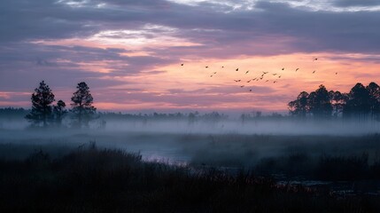 Obraz premium A flock of birds flies across a misty wetland landscape at sunrise with colorful clouds in the sky