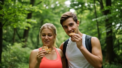Young couple sharing a meal in a lush green forest during a hike