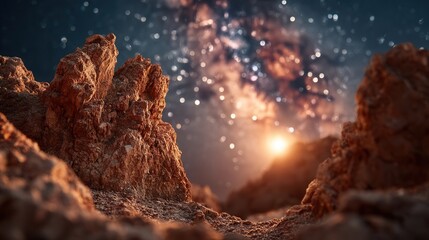 Stunning cosmic vista emerges from rugged Martian terrain with glowing nebulae and distant sun creating an awe-inspiring celestial spectacle.
