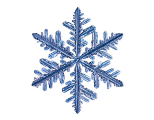 Microscopic view of a six-sided, icy crystal against a black background. Detailed structure