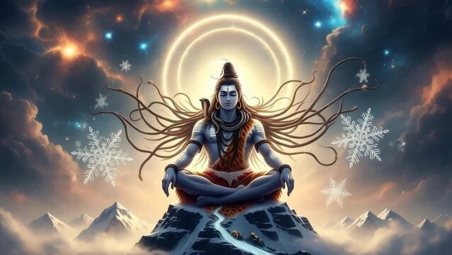 Lord Shiva meditating peacefully on snowy mountain peak, surrounded by cosmic energy and spiritual symbols in a mesmerizing divine video sequence