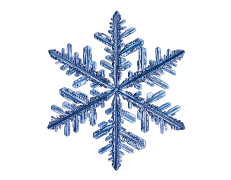 Microscopic view of a six-sided, icy crystal against a black background. Detailed structure