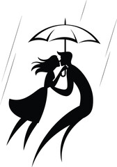 Couple kissing under umbrella rain black