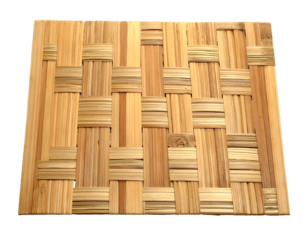 A close-up view presents a square woven surface made of light and dark wooden strips, creating a textured pattern