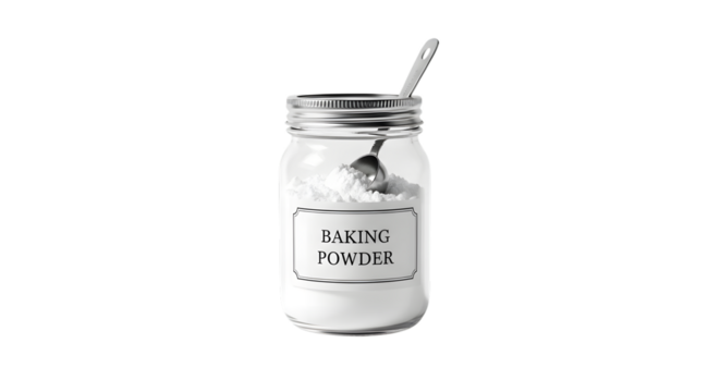 Jar of baking powder isolated on transparent background, essential for baking needs