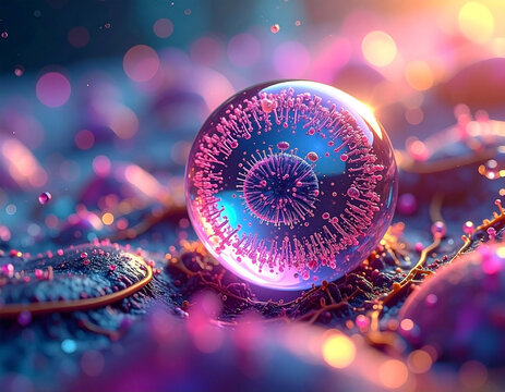 Intricate depiction of a virus structure within a transparent orb, showcasing microscopic elements
