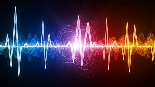 Dynamic sound wave visualization pulses with vibrant energy, showing audio spectrum analysis and digital signal processing in a captivating light show