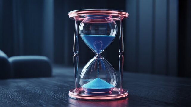 Modern hourglass with glowing pink frame and blue sand in dim lighting - Powered by Adobe