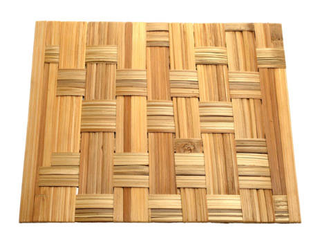 A close-up view presents a square woven surface made of light and dark wooden strips, creating a textured pattern