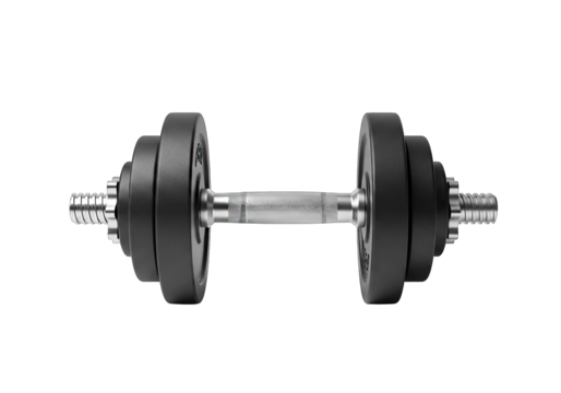 Gym Dumbbell With Textured Handle, Silver Screw Collars Isolated on Transparent Background