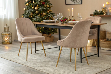 Elegant dining room setup mockup for a festive christmas celebration scene