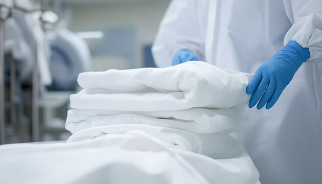 A worker in a white suit and blue gloves is handling a stack of clean white linens. The laundry area is clean and bright, focusing on hygiene and cleanliness. - Powered by Adobe