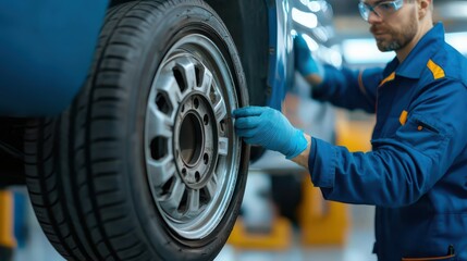 A mechanic in blue attire adjusts a car tire in a well-lit garage, focusing on the details of the wheel and tire.